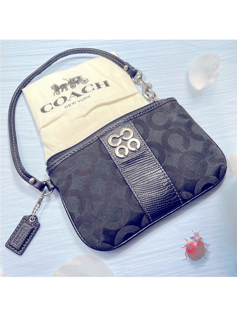 🌺 COACH JULIA BLACK SILVER SIGNATURE WRISTLET SMALL BAG VINTAGE